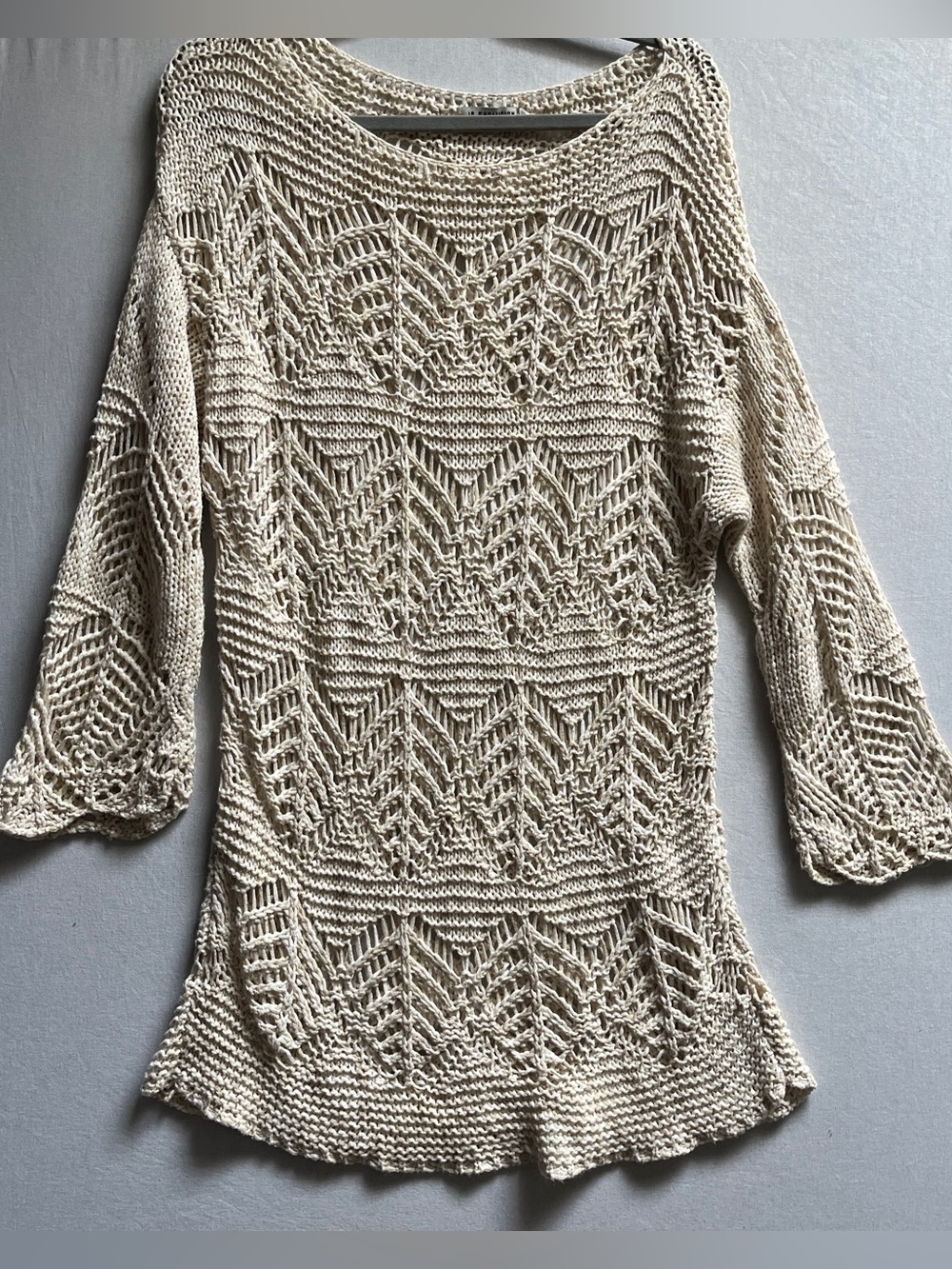 JP Evolution Women Open Crochet Knit Cream Sweater Size L Scoop Neck